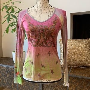 EUC Fabric Button Long Bell Sleeve Top